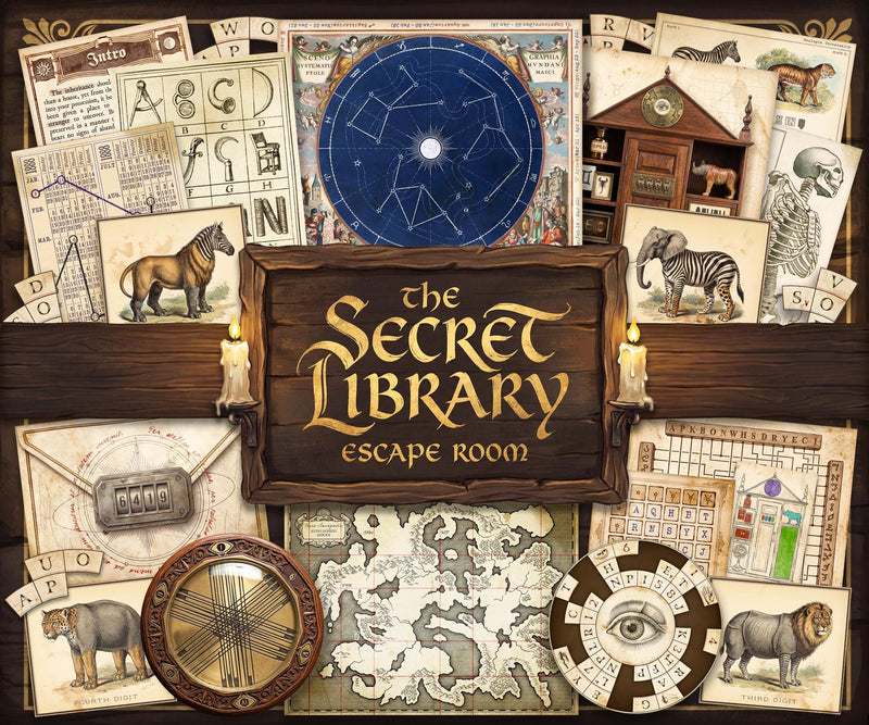 Printable escape room game cover for “The Secret Library Escape Room,” featuring vintage puzzle elements, cipher wheels, constellation chart, antique maps, and coded envelopes arranged around a wooden title sign. Immersive mystery-themed DIY escape room at home with detective-style clues, riddles, and hidden codes. Perfect for adults, teens, and puzzle lovers. Instant download printable escape room kit for game night, date night, or party activity with engaging logic puzzles.