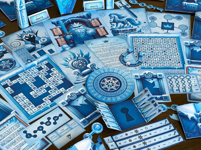 Flat lay of The Snow Queen printable escape room by MysteryLocks featuring icy blue puzzles, word grids, cipher wheels, 3D paper props, and illustrated winter scenes. This DIY escape room kit transforms your home into a frozen puzzle adventure filled with riddles, codes, and story-driven challenges. Perfect for families, classrooms, and game nights, it delivers a magical at-home winter escape room experience for creative minds of all ages.