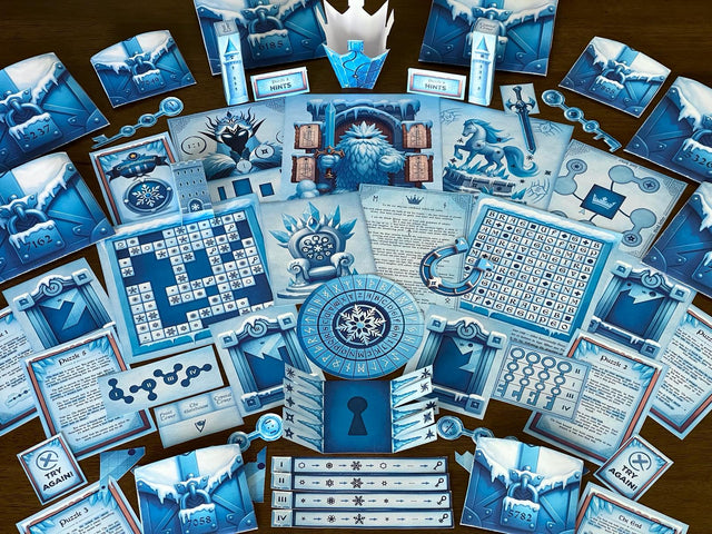 Full flat lay of The Snow Queen printable escape room by MysteryLocks, featuring all icy blue puzzles, envelopes, story cards, 3D paper props, and decoder wheels. This winter-themed DIY escape room kit transforms any home into a magical frozen world filled with logic challenges, ciphers, and hands-on activities. Perfect for families, teachers, or party hosts looking for an immersive, printable escape room adventure inspired by the Snow Queen legend.