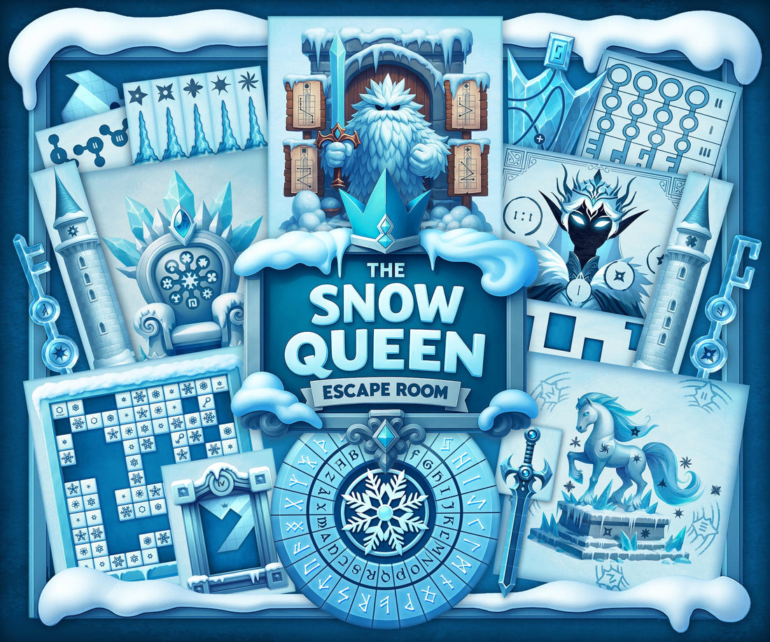Cover image for The Snow Queen printable escape room by MysteryLocks, featuring icy blue puzzles, rune decoder wheels, and 3D paper castle pieces arranged around a snowy title banner. This DIY winter escape room game blends storytelling, mystery, and logic puzzles in a magical frozen kingdom. Perfect for families, classrooms, and puzzle lovers looking for a creative at-home printable escape room adventure inspired by the Snow Queen legend.