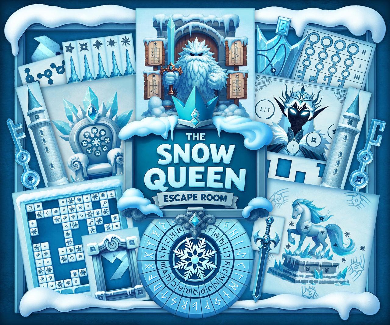 Cover image for The Snow Queen printable escape room by MysteryLocks, featuring icy blue puzzles, rune decoder wheels, and 3D paper castle pieces arranged around a snowy title banner. This DIY winter escape room game blends storytelling, mystery, and logic puzzles in a magical frozen kingdom. Perfect for families, classrooms, and puzzle lovers looking for a creative at-home printable escape room adventure inspired by the Snow Queen legend.