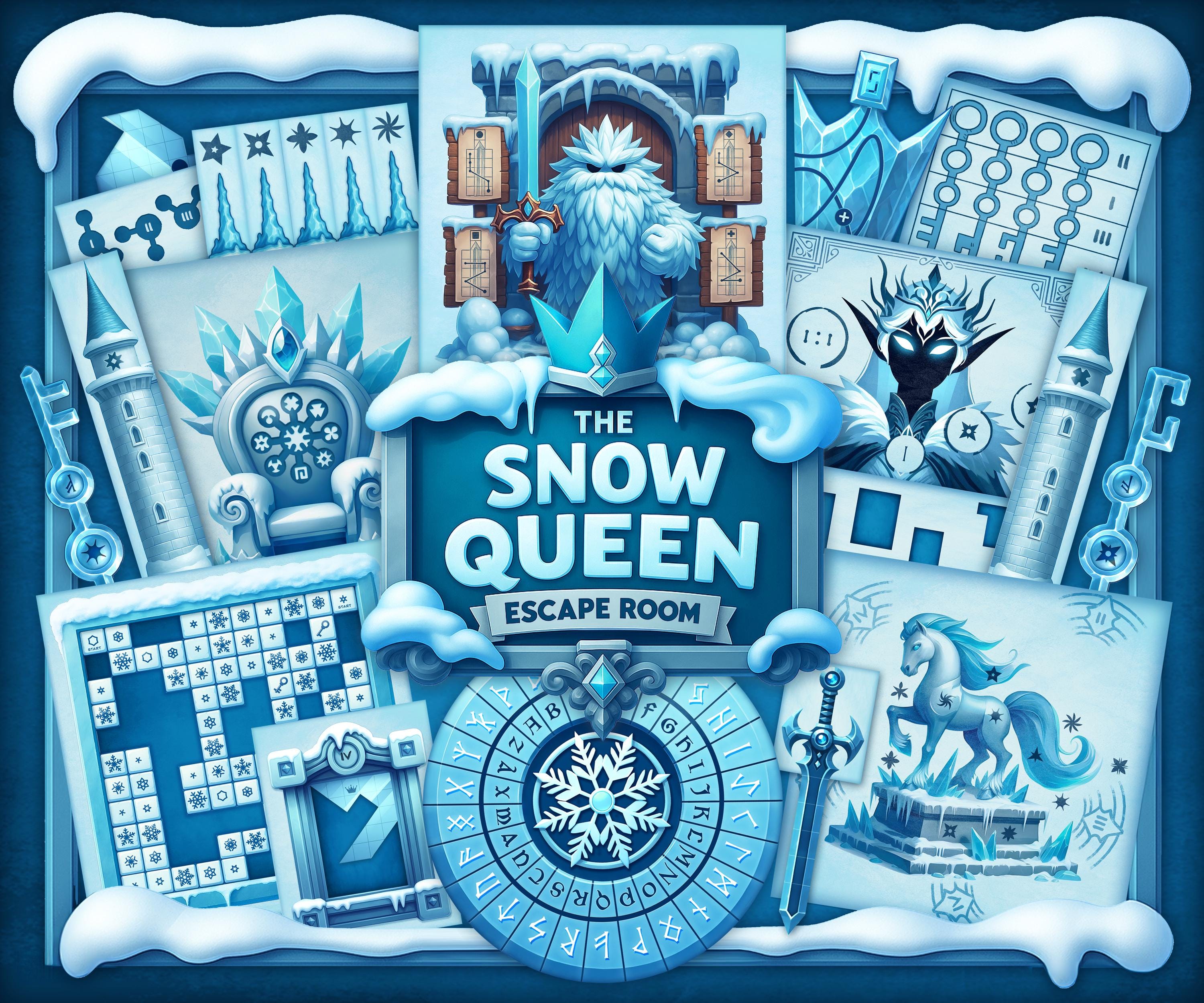 Cover image for The Snow Queen printable escape room by MysteryLocks, featuring icy blue puzzles, rune decoder wheels, and 3D paper castle pieces arranged around a snowy title banner. This DIY winter escape room game blends storytelling, mystery, and logic puzzles in a magical frozen kingdom. Perfect for families, classrooms, and puzzle lovers looking for a creative at-home printable escape room adventure inspired by the Snow Queen legend.
