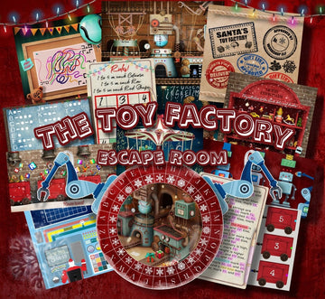 DIY Toy Factory Escape Room printable featuring workshop mysteries and toy-making puzzles for family holiday fun.