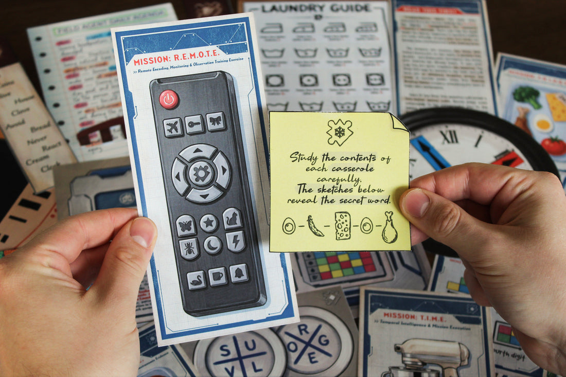 Cover image for Your Home Is an Escape Room, a printable spy-themed escape room game for kids, teens, and families. The design features a central title plaque surrounded by illustrated game components, including a clock with red and blue hands, food mission cards, a remote control puzzle, a laundry guide, a colorful washing-machine cipher wheel, coded strips, clue notes, and household-themed mission cards. The blue background gives the cover a fun secret-agent blueprint look.