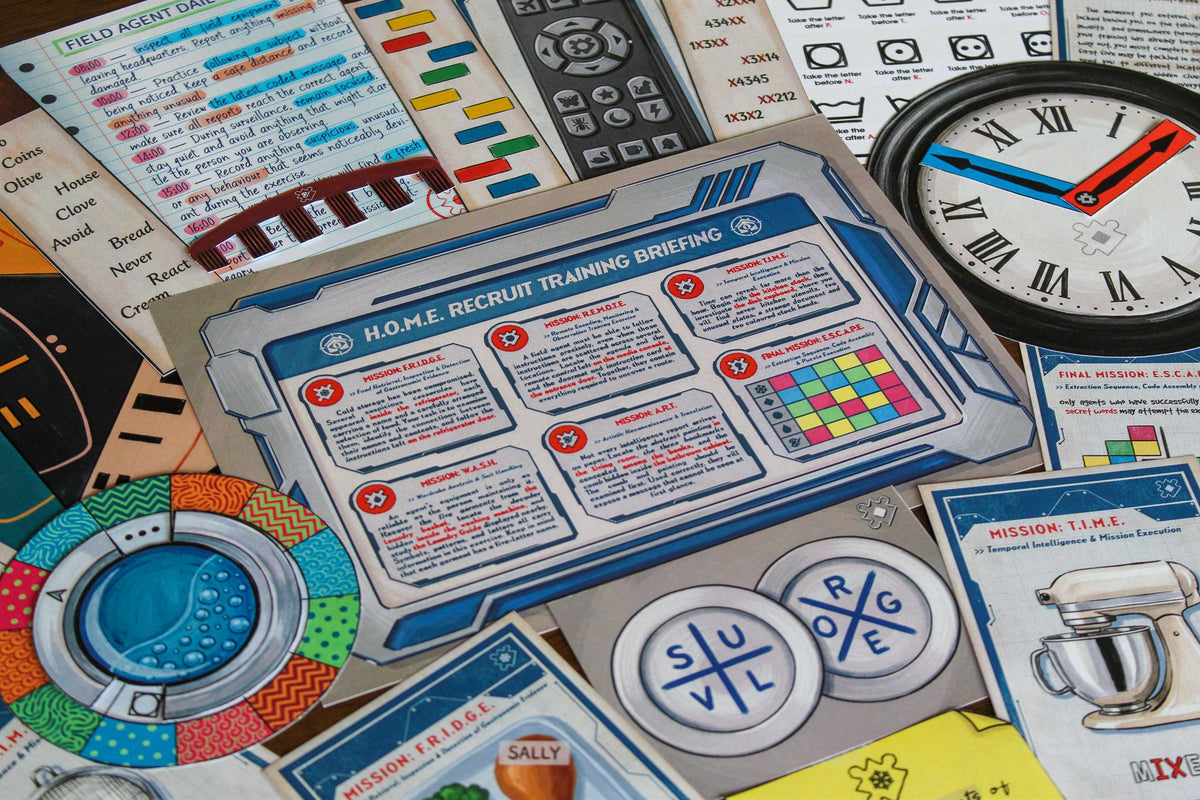 Close-up of the H.O.M.E. Recruit Training Briefing from Your Home Is an Escape Room, surrounded by the Field Agent Daily Agenda, remote control puzzle, Laundry Guide, movable clock, washing-machine cipher, kitchen clues, food evidence cards, and final mission materials. This printable spy escape room for kids, teens, and families transforms the player’s own house into the game, with five hands-on missions hidden across familiar household locations and one final escape-code challenge.