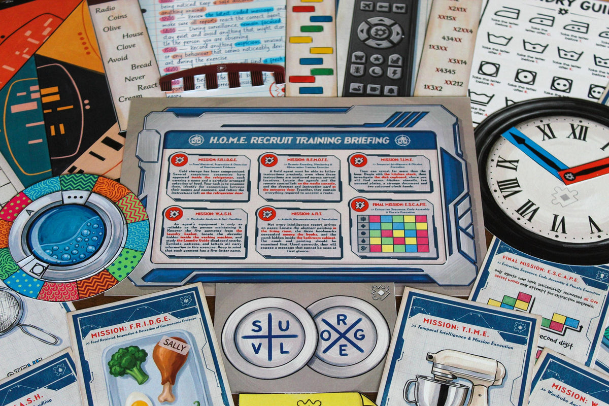 The H.O.M.E. Recruit Training Briefing surrounded by mission cards, washing-machine cipher disk, clock puzzle, plate cipher, food clues, remote-control materials, and final escape instructions from Your Home Is an Escape Room. This printable escape room for kids and teens features five independent spy missions that can be solved in any order before players combine their discoveries in one final challenge to uncover the 4-digit code and complete their secret-agent training.