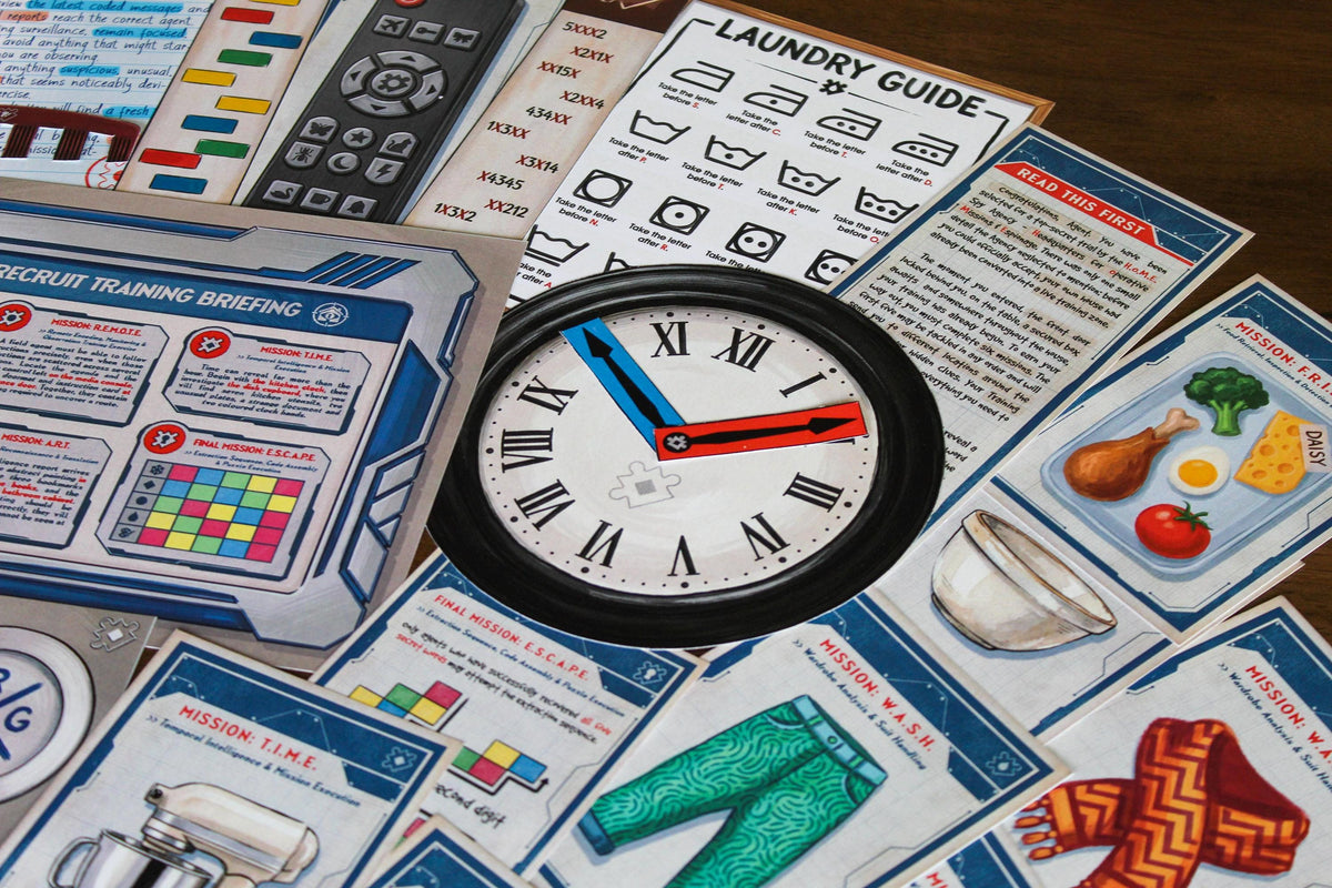 Printable spy escape room materials from Your Home Is an Escape Room featuring a movable Roman-numeral clock with blue and red hands, Laundry Guide, food evidence card, clothing missions, H.O.M.E. Recruit Training Briefing, and final E.S.C.A.P.E. clues. Designed for kids, teens, and families, this DIY escape room turns the kitchen, laundry area, fridge, living room, and other household spaces into interactive puzzle stations for a secret-agent mission at home.