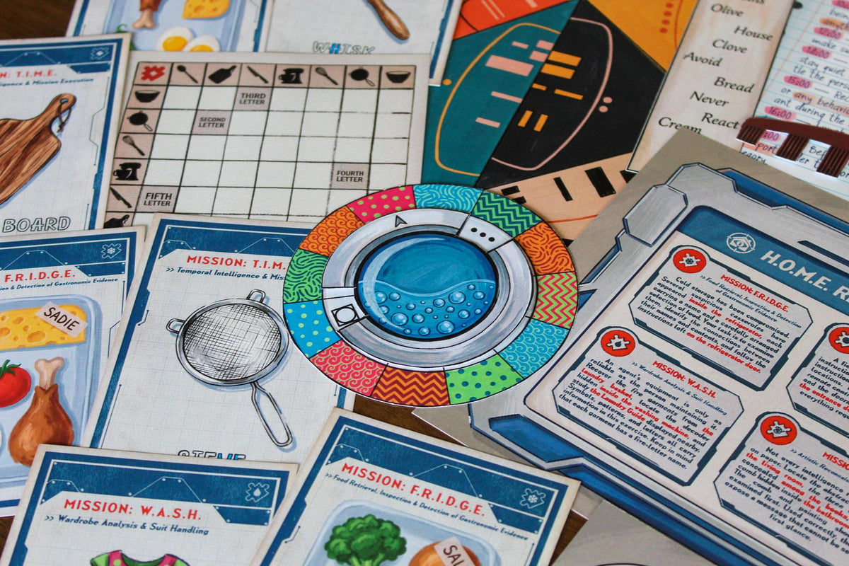 Close-up of interactive puzzle materials from Your Home Is an Escape Room, featuring the colorful washing-machine cipher disk, kitchen utensil grid, F.R.I.D.G.E. food evidence cards, H.O.M.E. Recruit Training Briefing, artwork puzzle, and spy mission documents. This printable escape room for kids and teens uses real household locations and familiar objects as part of the gameplay, creating an immersive DIY secret-agent adventure that extends beyond the table and throughout the home.