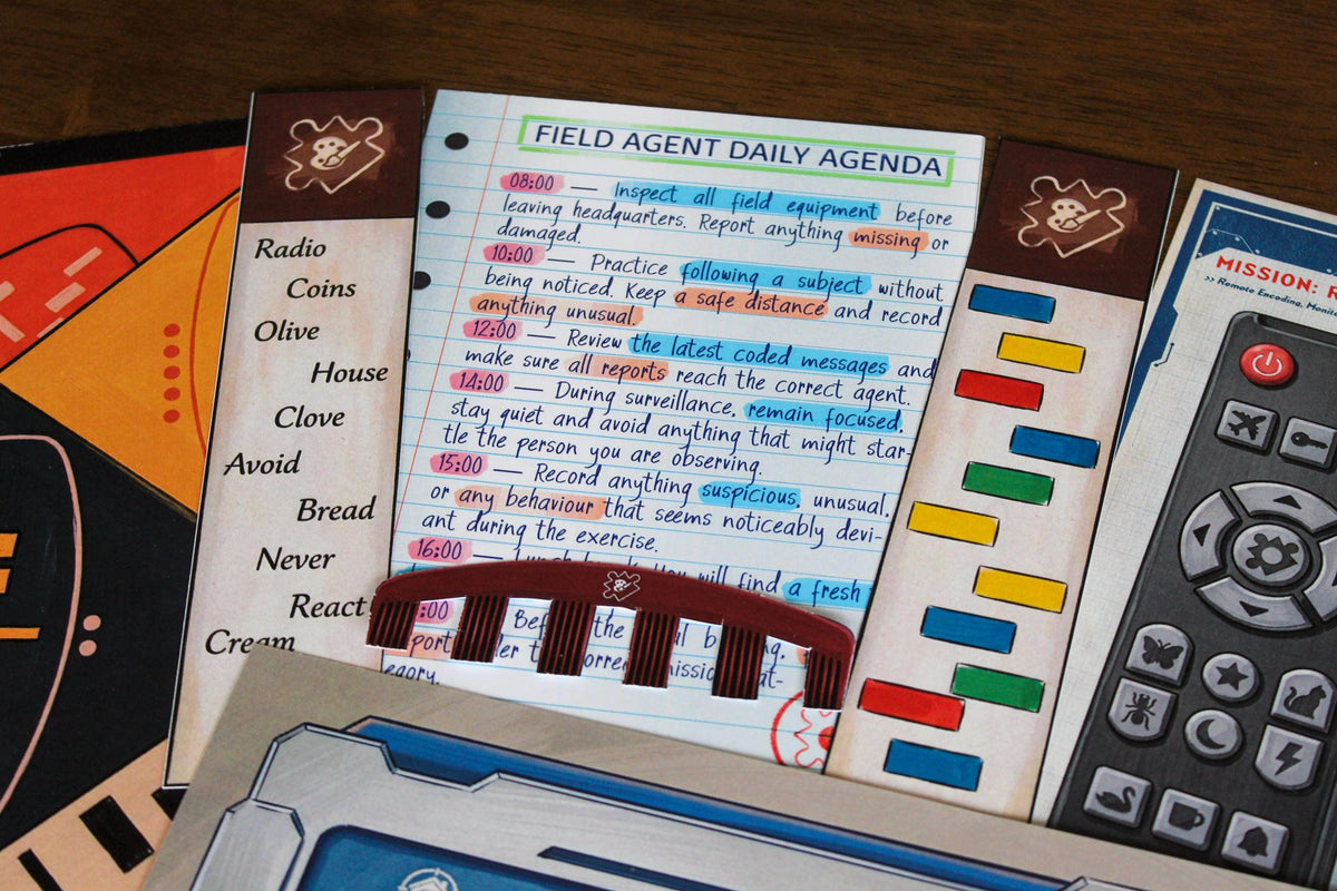 Close-up of the Field Agent Daily Agenda, coded bookmarks, comb, and remote control from Your Home Is an Escape Room, a printable spy escape room for kids and teens. Highlighted words, color codes, hidden messages, and physical puzzle tools turn ordinary household objects into clues. Players explore their own home, search familiar rooms, and solve interactive secret-agent missions using logic, observation, wordplay, and hands-on paper components.