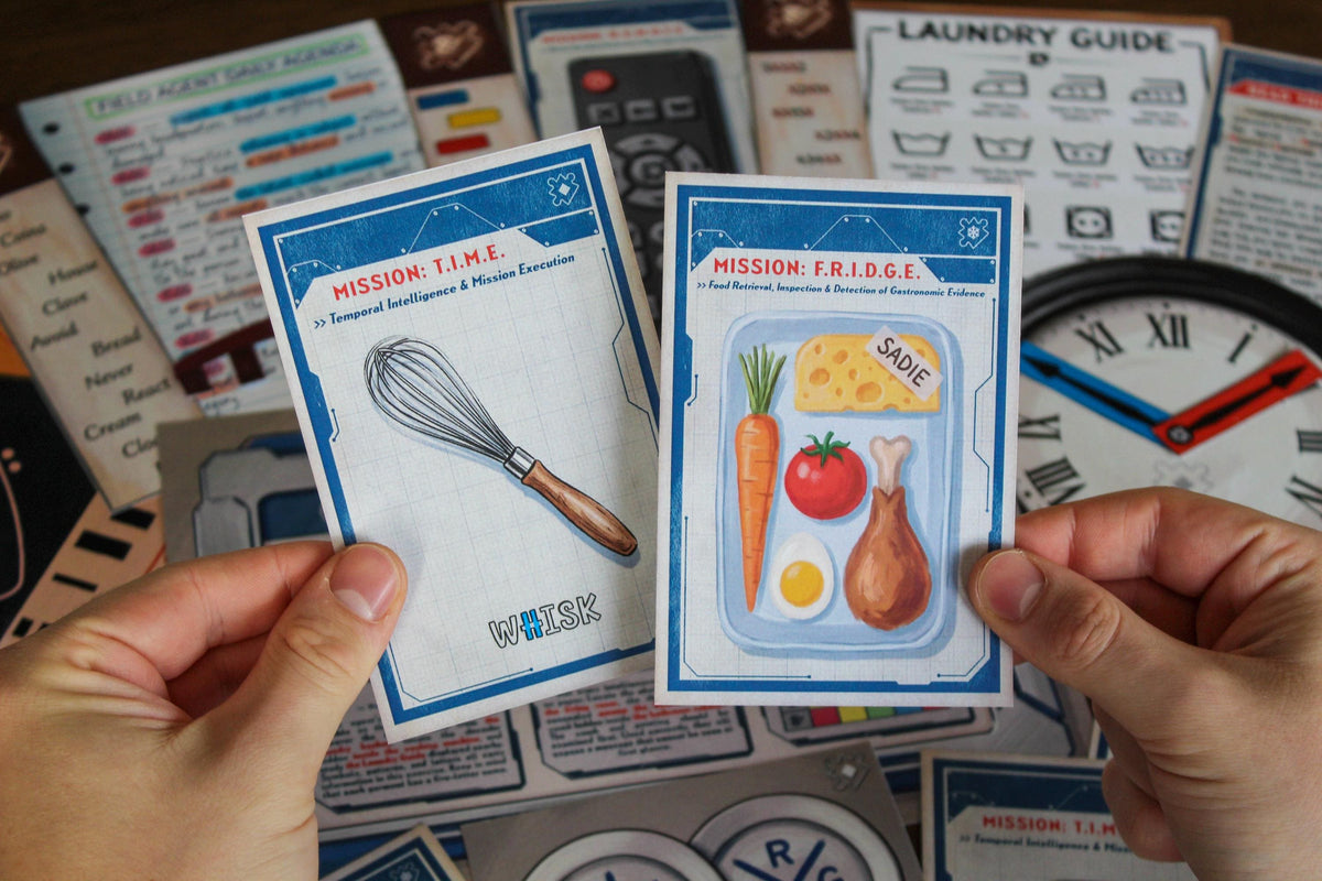 Two mission cards from Your Home Is an Escape Room held by a player, featuring the T.I.M.E. kitchen utensil challenge and F.R.I.D.G.E. food evidence puzzle. A movable clock, laundry guide, remote-control clues, and spy briefing materials appear in the background. This printable spy escape room for kids and teens combines household objects, logic, observation, wordplay, and hands-on puzzles to turn an ordinary home into a DIY escape room adventure.