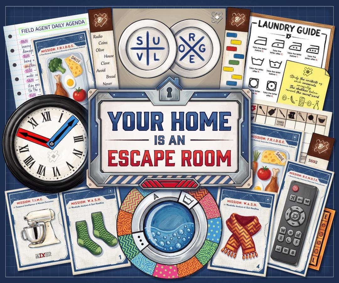 Cover image for Your Home Is an Escape Room, a printable spy-themed escape room game for kids, teens, and families. The design features a central title plaque surrounded by illustrated game components, including a clock with red and blue hands, food mission cards, a remote control puzzle, a laundry guide, a colorful washing-machine cipher wheel, coded strips, clue notes, and household-themed mission cards. The blue background gives the cover a fun secret-agent blueprint look.